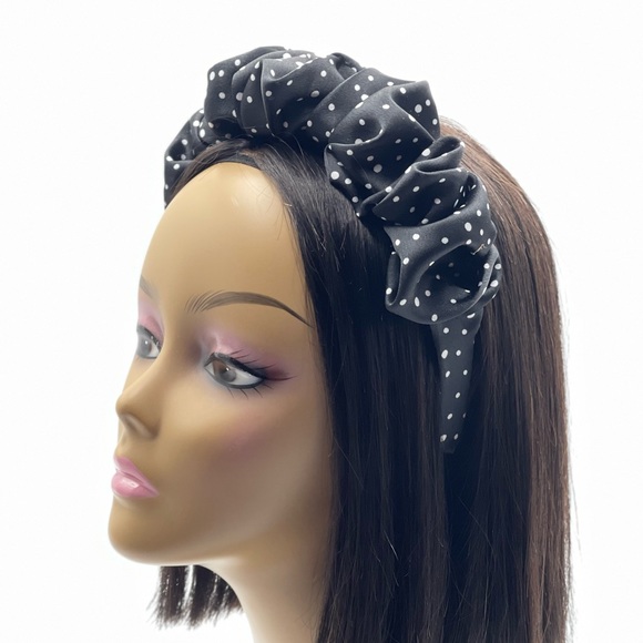 New Quality Black and White Polka dots bendable ruffle fabric satin headband - Picture 10 of 17